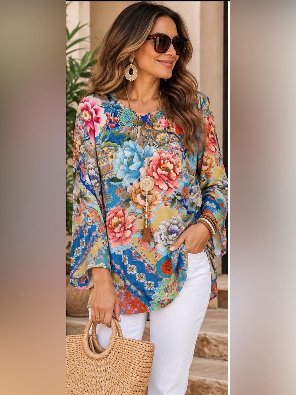 Johnny Was Floral Patchwork Bamboo Tunic Top Blue Boho Large